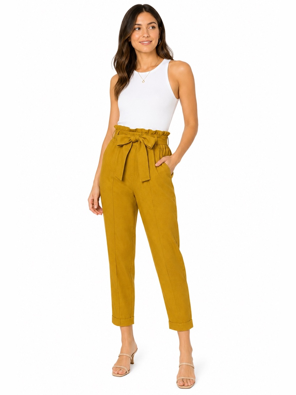 Mustard Yellow Paperbag Waist Ankle Pants Size 4 Tie Belt Cropped Tapered Career